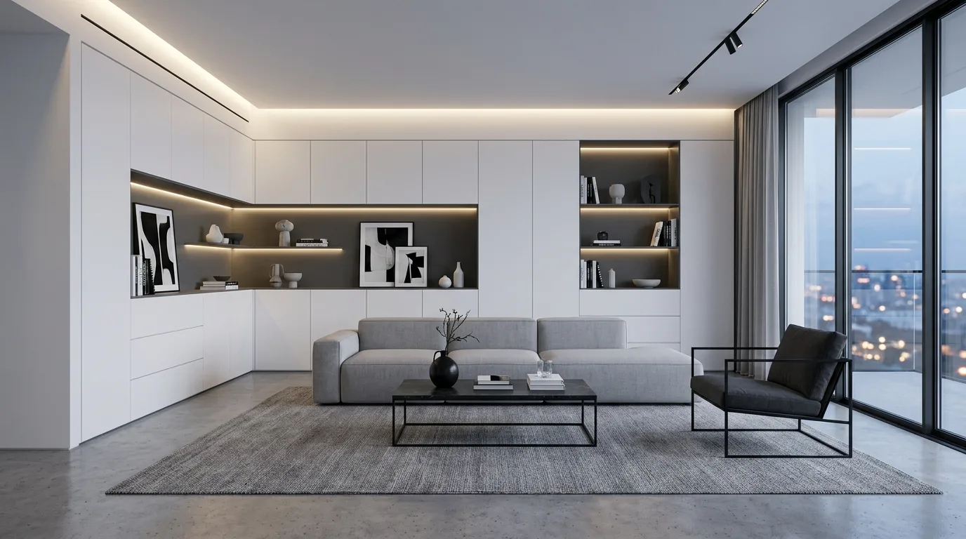 Keep storage hidden and surfaces clear inspiration for a minimalist living room.